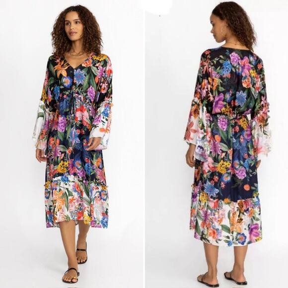 Johnny Was Neon Jungle Mix Tiered Floral Maxi Dress Cotton Silk Size Medium NWT - Picture 1 of 10